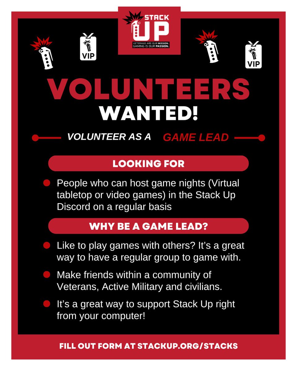 StackUpDotOrg's tweet image. We're looking for more Game Leads to join our volunteers! We need a couple of folks who can host scheduled game nights in the Stack Up Discord, playing online games or hosting virtual tabletop games.

If you already have a couple of friends you regularly game with, bring them