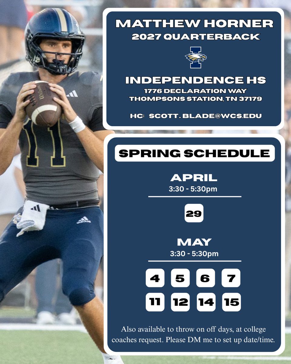 Matt_Horner2027's tweet image. COACHES! Come visit me this Spring @wcsIHSfootball ! Great chance to see me work in person! DM me for off day throwing sessions! @QBC_Nashville @QBCountry @JeffHecklinski