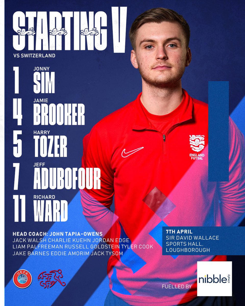 EnglandFutsal's tweet photo. YOUR FIRST STARTING FIVE 🦁

🏴󠁧󠁢󠁥󠁮󠁧󠁿🆚🇨🇭

Ward is back in from the start after six years away. Tysom replaces the injured Cadete-Borges in the 14-man squad.

WATCH 📺 https://t.co/vrGV2UjBvi https://t.co/bOtsuJi6gU