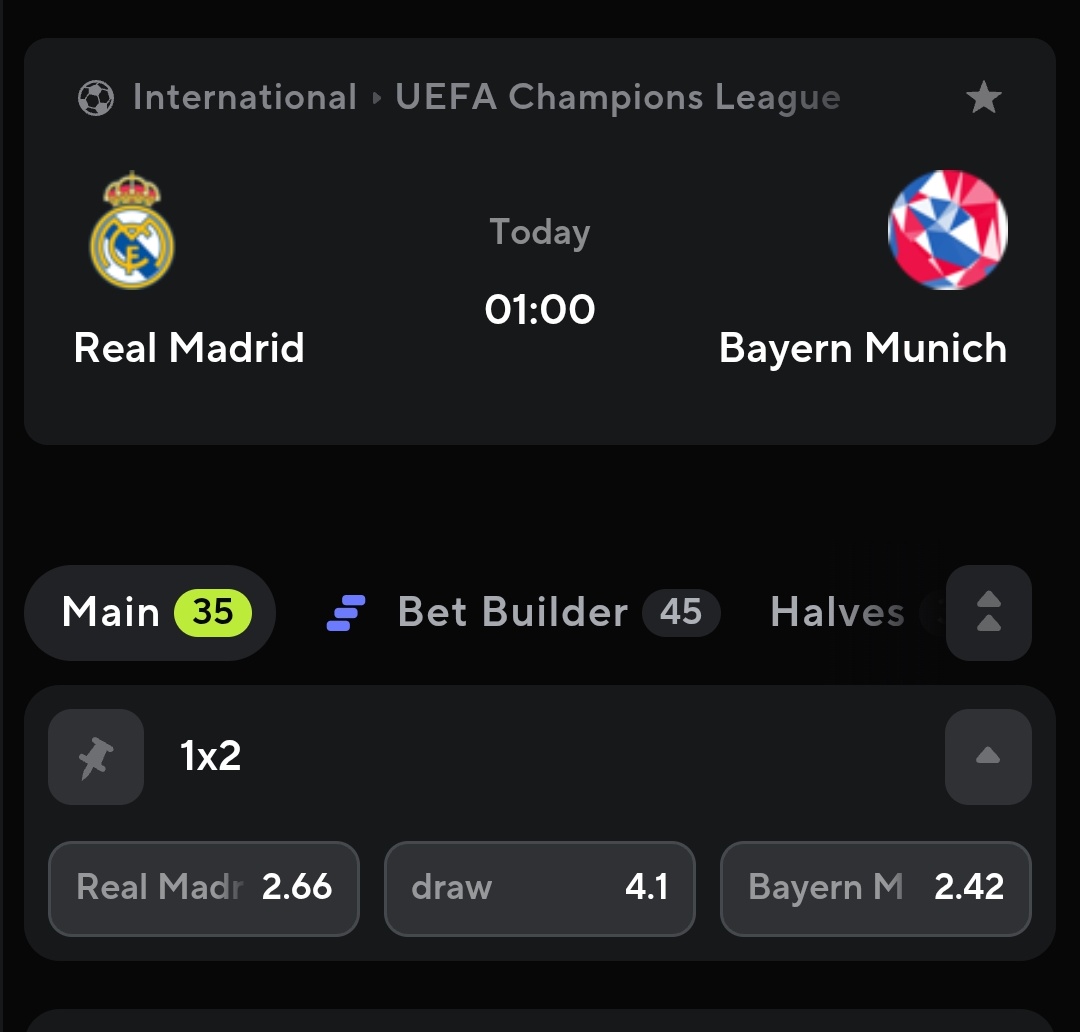 mirza_sarmin's tweet photo. The Champions League Quarter-Finals just hit different. 🏆

The odds on @qzino_official are tighter than I expected:
🇪🇸 Madrid (2.66)
🇩🇪 Bayern (2.42)

Who is actually taking the 1st leg today?
- Real Madrid (Hala Madrid!)
- FC Bayern (Mia San Mia)
- A tactical Draw 🤝

See results / Qzino Alpha!💥