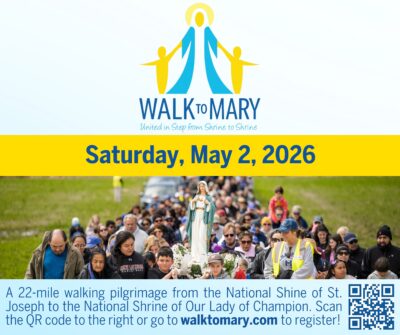 Meet us in the Azalea Garden for a decade of the rosary at 9AM, followed by May crowning and mass at 9:30AM. Adoration will be available from 10:30 AM to Noon. All are welcome and this is a family friendly event! 

Learn more at walktomary.com
