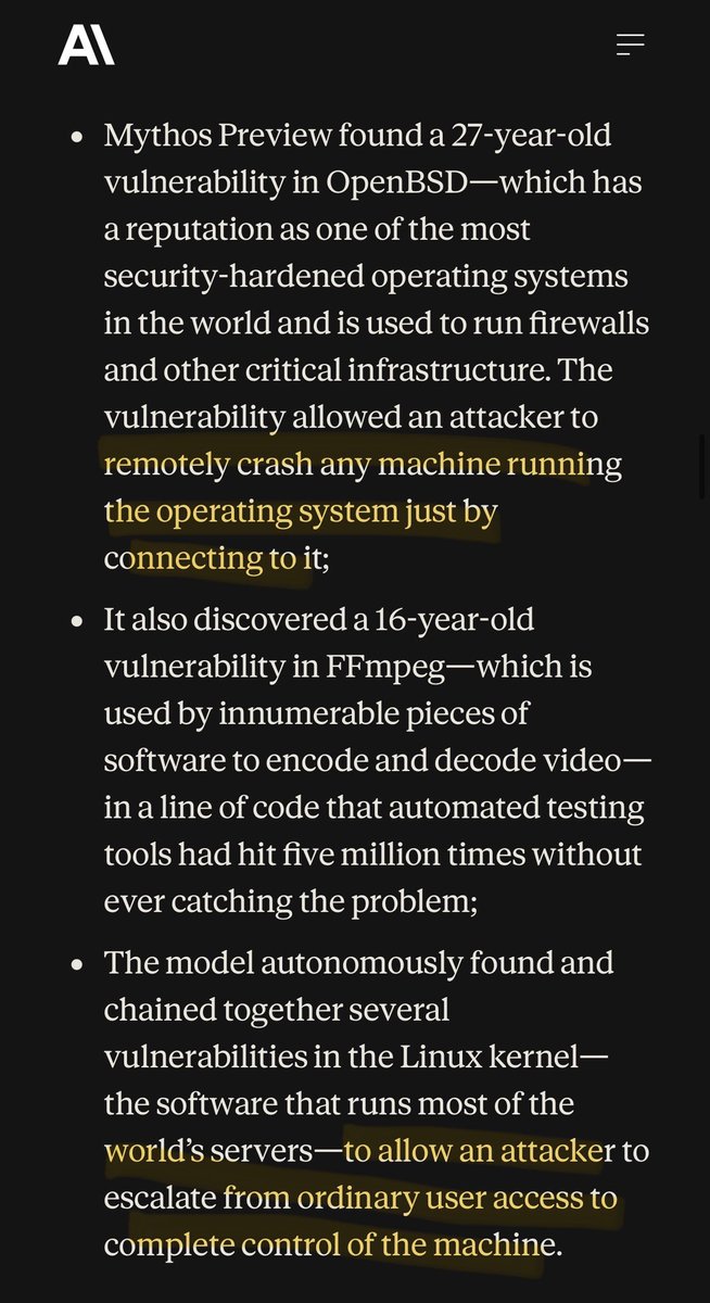 itsandrewgao's tweet image. claude mythos found some pretty big vulnerabilities in major software like linux, ffmpeg, openbsd

wild