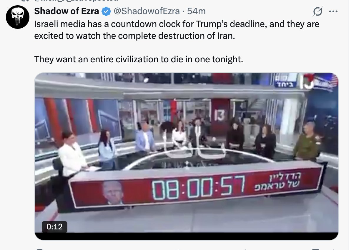 ShannonJoyRadio's tweet photo. Soooo ... 

Trump says he's going nuke Iran.
Schedules a live address tonight at 8pm.
Everyone assumes he's going to TACO.
The Iranians are partying at nuclear power plants.
The Israelis have a nuclear bomb countdown clock.

Meanwhile the global economy is grinding to a halt, financial collapse is imminent & worldwide cyber attacks, energy shortages and famine predictions are ramping up. 

I'm beginning to think the 'Iran War' is a psyop and Trump and the regime might be fake fighting. Priming the pump for global lockdowns and the new techno-fascist global order. 

Thoughts?