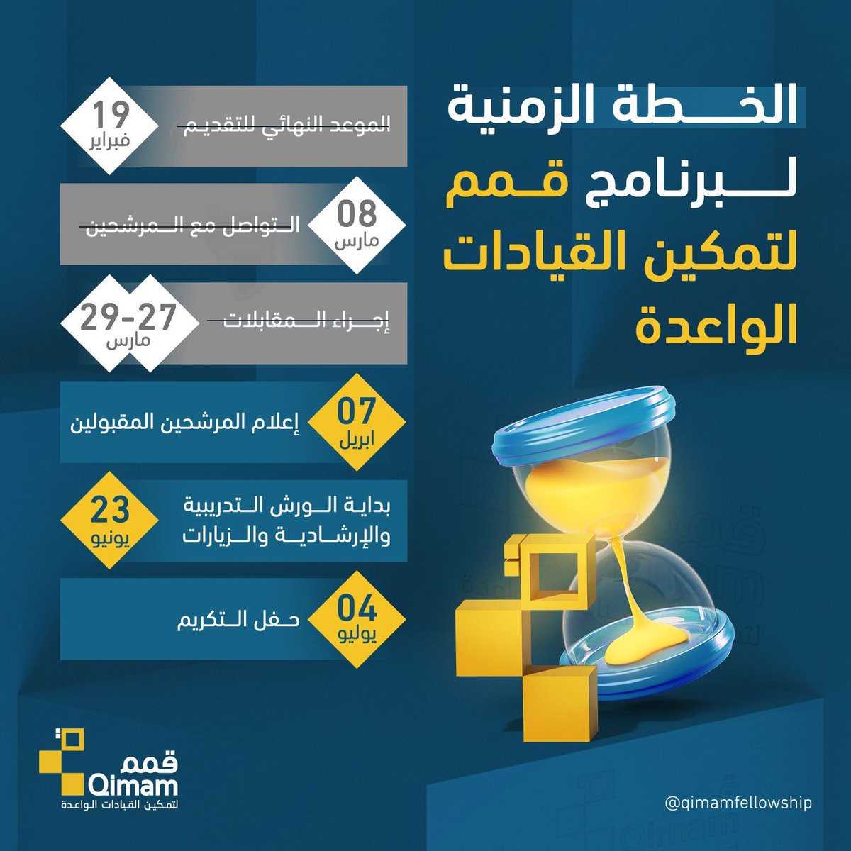 QimamFellowship's tweet image. أُعلنت اليوم نتائج المقابلات الشخصية لبرنامج #برنامج_قمم لعام 2026.

نبارك للمترشحين الذين تم اختيارهم، ونتطلع بشغف للقائكم في المرحلة القادمة من رحلة قمم!