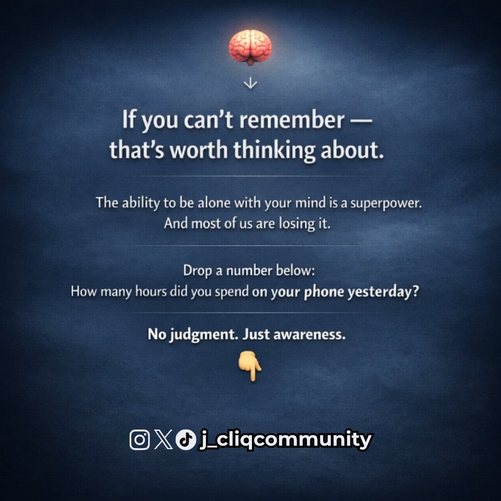j_cliqcommunity's tweet image. Drop a number below: How many hours did you spend on your phone yesterday?
No judgment. Just awareness. 👇
 
#jcliq  #digitalawareness #mindfultech #genz