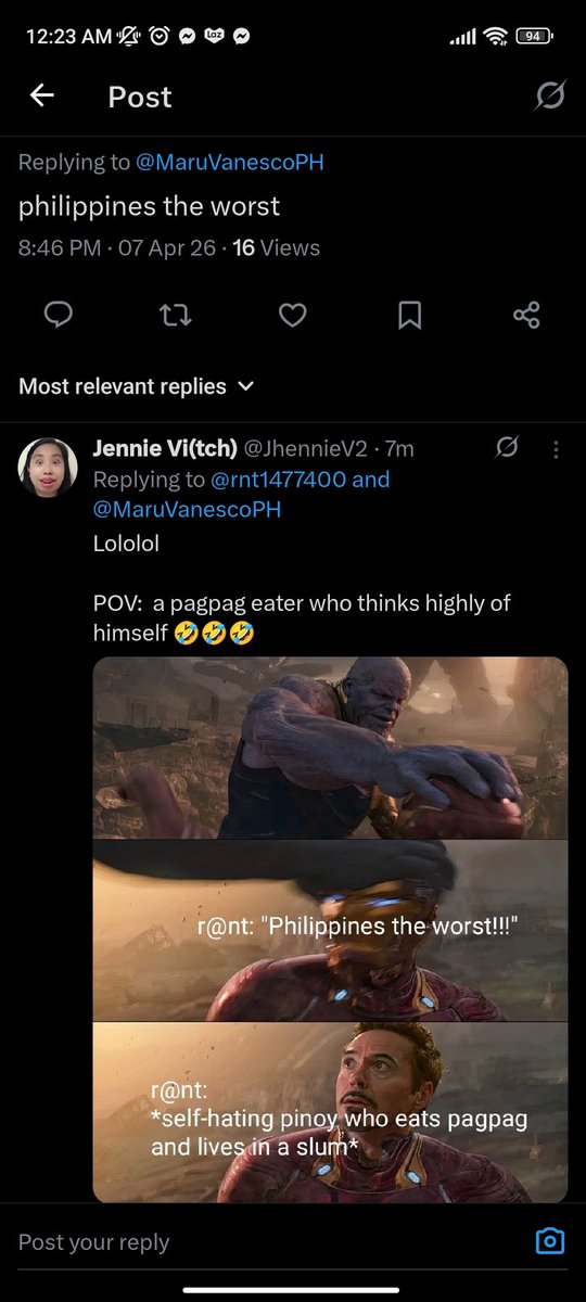 JhennieV2's tweet photo. @rnt1477400 @NINJAYEWOLF Nah, you're just a loser🤡

We all know you are a self-hating pinoy who hates everything PH-related🤣🤣

Pathetic, go eat your pagpag and cry to your momma🤣

Tagalog translation: 
isa kang BONJING na mahilig sa pagpag, wala kang maloloko dito boii🤡🤡 https://t.co/SNc2TONGgF