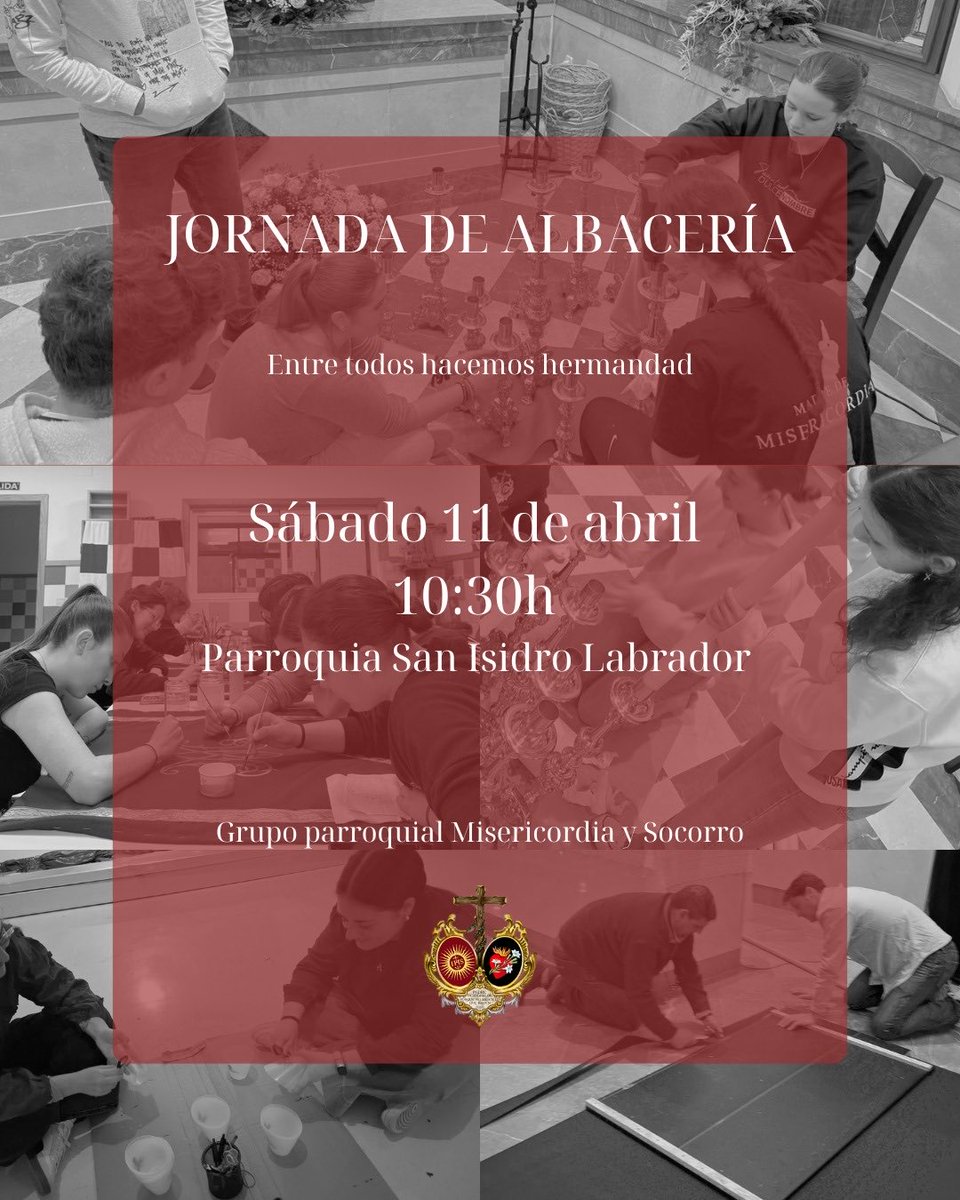 JORNADA DE ALBACERÍA
El próximo sábado viviremos una mañana de albacería y convivencia para organizar y conservar los distintos enseres de nuestro grupo. 
¡Te esperamos, entre todos hacemos hermandad!
🗓️ 11 de abril
🕥 Desde las 10:30h
📍 Parroquia San Isidro Labrador