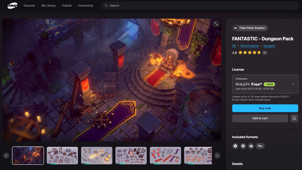 AssetLove's tweet image. 【FAB - 無料アセットプレゼント🎁】
これ無料はちょっと強すぎる…
​
ファンタジーダンジョン一式が丸ごと揃う3Dモデル🏰
床・壁・トラップ・装飾まで650点以上
​
UnrealとUnity 両対応（URP / Built-in）
​
『FANTASTIC - Dungeon Pack』
¥14,371 → 無料  ⚡️4月21日まで
fab.com/listings/25c67…