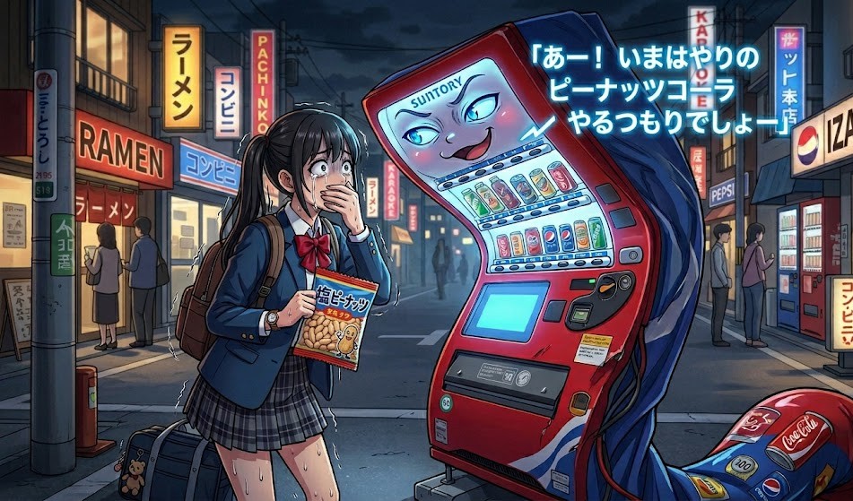 seinarutweet's tweet photo. おっけーぐーぐる！ピーナッツを持ったまま自動販売機でコーラを買おうとしたらイキナリ動き出して図星を突いてくる画像を生成して！ https://t.co/BqYpGwBCoV