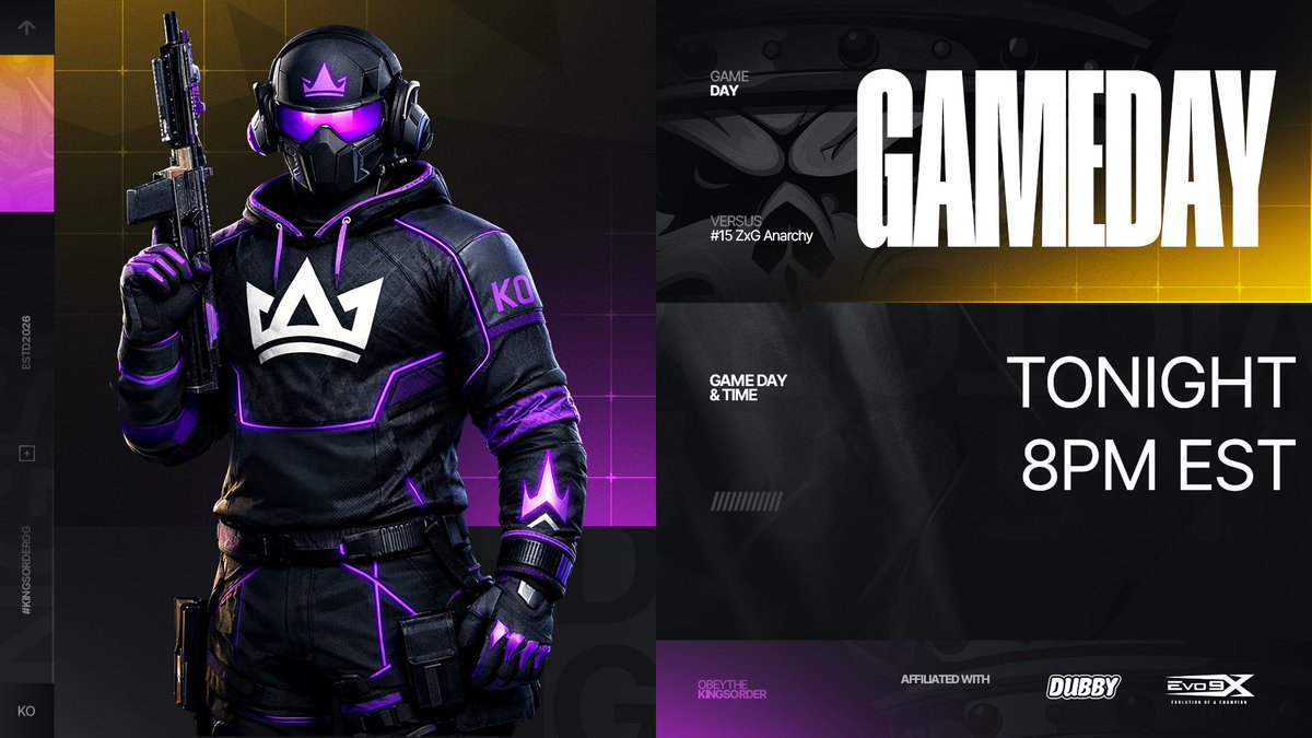 KingsOrderHQ's tweet photo. 1st Playoff Match Up in @XP_Leagues, as our purple roster is the 1st team to come out the tunnel!

vs @ZonedOutGaming 
@ 8pm EST
#15 ZxG Anarchy 
#18 Kings Order Purple

👑@BryanPeachh 
👑 @NastyyWCi 
👑 @Landoughh 
👑 @Versaiii https://t.co/IKbtlEW8hv