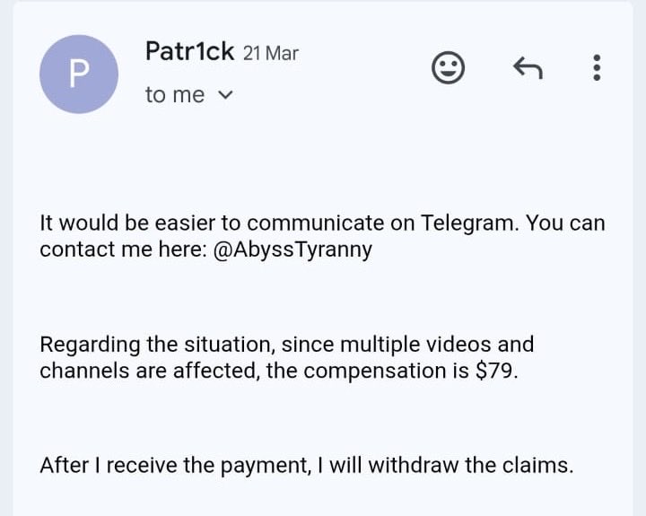 BGMI_VELDORA's tweet photo. "Hello @TeamYouTube , my channel 'Veldora Live' has been terminated due to a strike. The claimant (Aqua_mia) is now demanding $89 on Telegram/Email to remove the strike. This is extortion. I have all the proofs. Please help me recover my channel." @YouTubeGaming @YouTubeGaming https://t.co/xzUBBoRkCO
