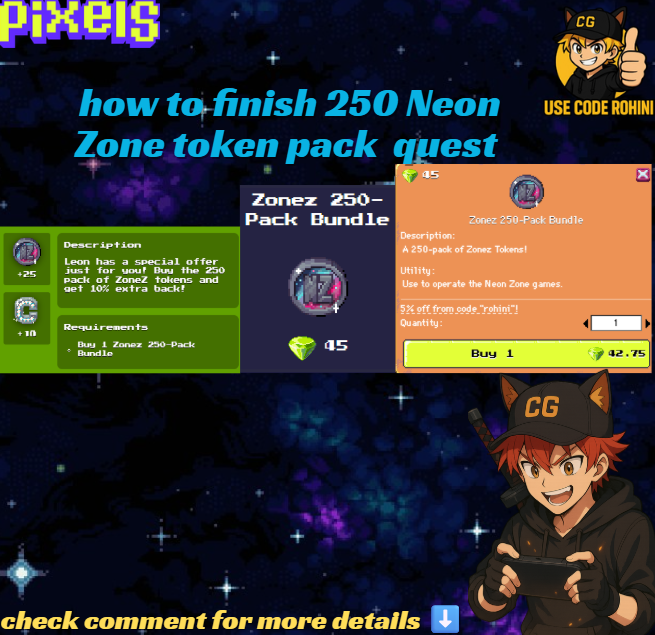Mcghosh2's tweet image. How to finish this stacked quest? 🤔

you need to buy a 250+ Neon Zone token pack.
It usually costs 45 PIXEL, but if you use code rohini, you get 5% off, so it drops to 42.75 PIXEL 👀

check comment for more details ⬇️

@stacked_app @pixels_online #PixelsCreator