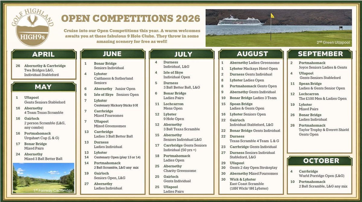 golfhighland's tweet image. Discover Golf Highland’s High 9s Open Competitions!

These unique 9-hole gems are ready to welcome you, each offering its own character, challenge, and breathtaking scenery.

Check out the calendar below and plan your next round in the most scenic golfing region in Scotland.