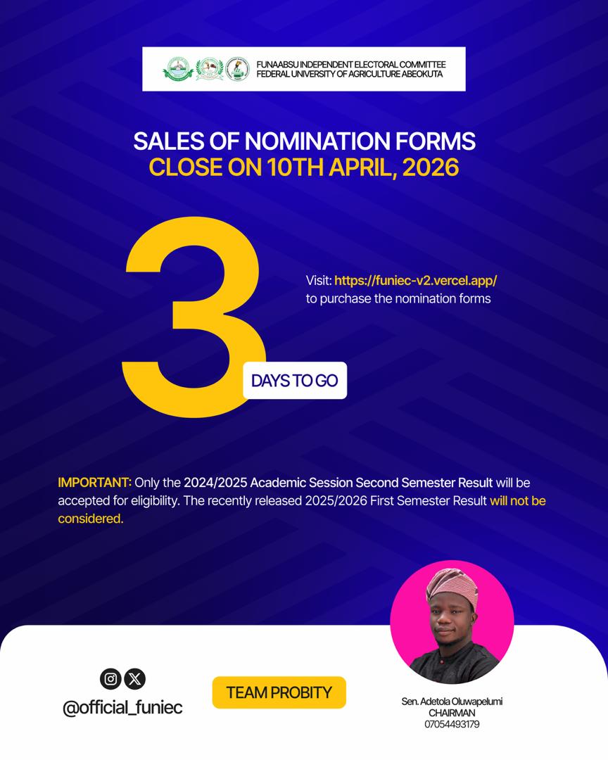 funiec_'s tweet photo. 3 Days to go โณ
Sales of nomination forms close soon.
Donโt miss your chance, act now.
Apply here:
https://t.co/NHatEgUnna
#FUNIEC27 #TeamPROBITY https://t.co/9e5IEqHgJp