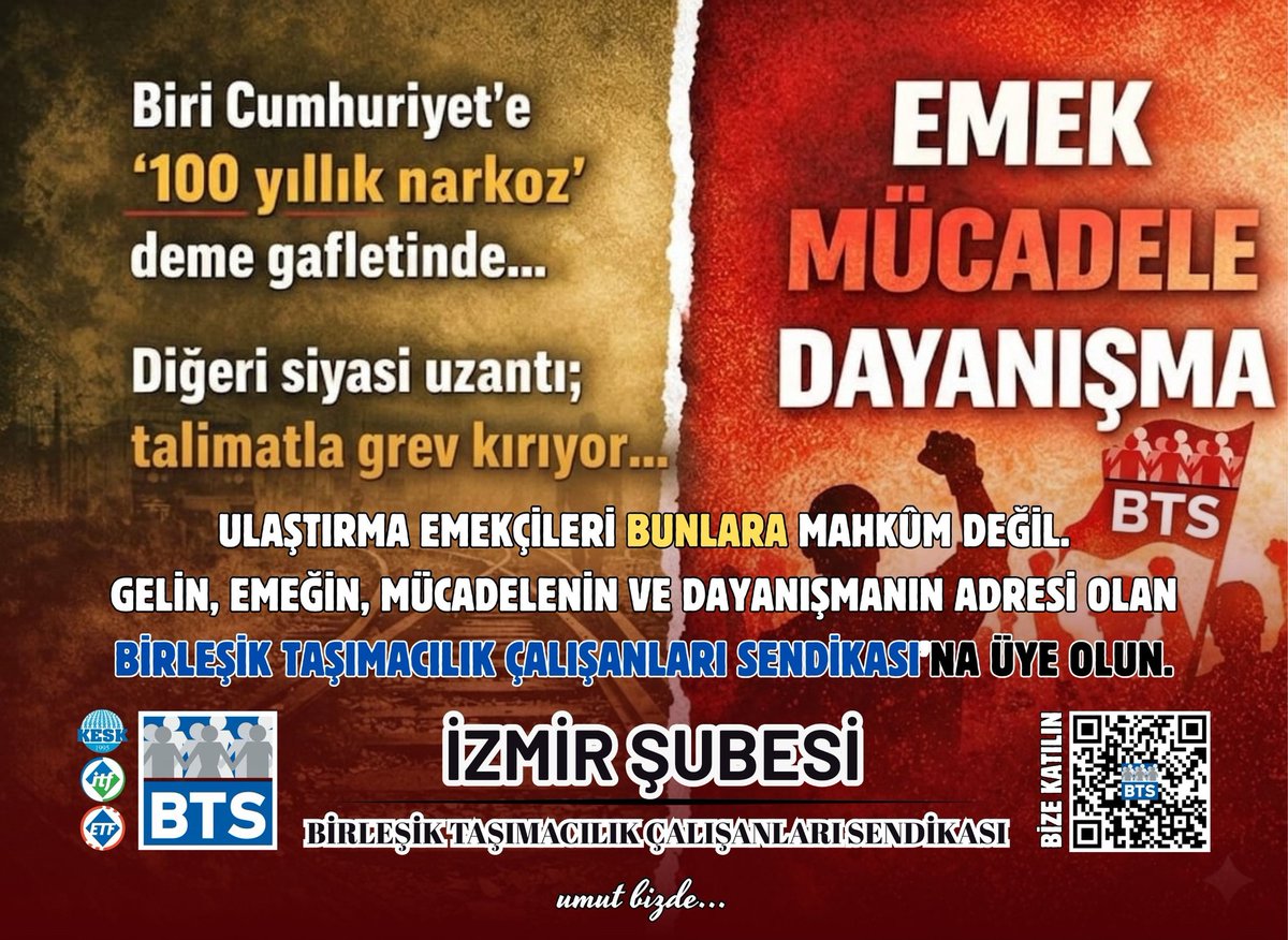 Ulaştırma emekçileri bunlara mahkûm değil.
Gelin, emeğin, mücadelenin ve dayanışmanın adresi olan

BİRLEŞİK TAŞIMACILIK ÇALIŞANLARI SENDİKASI’na üye olun.

Haklarımız için birlikte, güçlü ve kararlı mücadeleyi büyütelim. ✊
<a href="/BTSGENELMERKEZ/">BTS Genel Merkezi</a> <a href="/Keskizmir/">Kesk İzmir Şubeler Platformu</a>