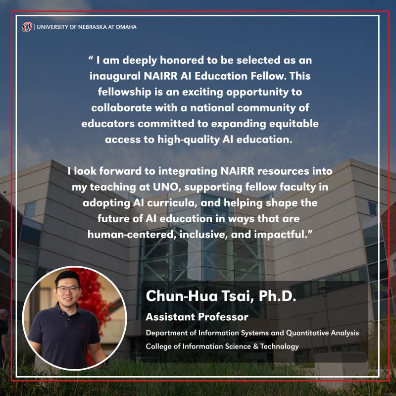 unocist's tweet image. Congratulations to Chun-Hua Tsai, Ph.D., selected as an NSF NAIRR AI Education Fellow! The fellowship recognizes faculty leaders advancing undergraduate AI education and expanding access to AI teaching resources nationwide.
Read full story: lnkd.in/g7KfkfDs
 #AIeducation