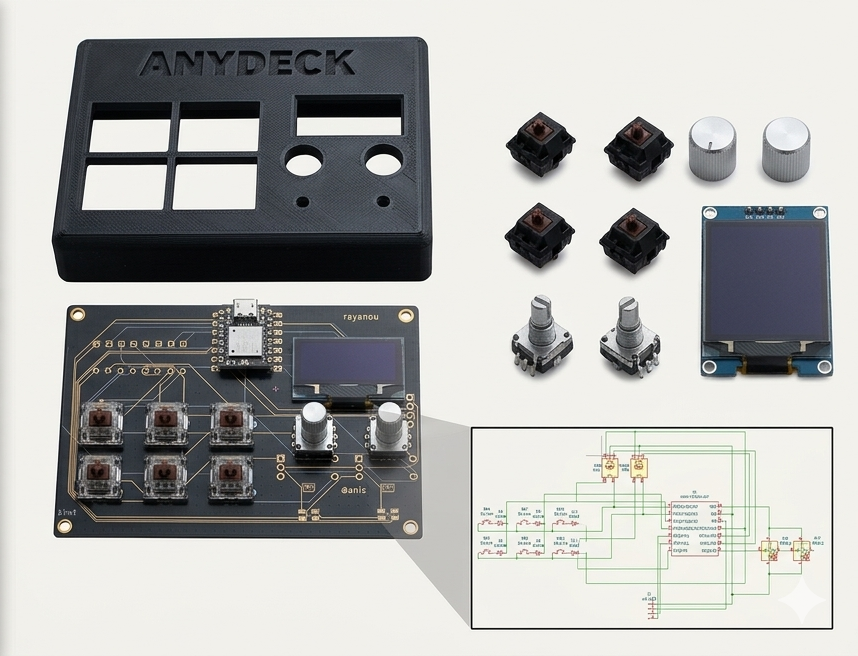seeedstudio's tweet image. ⌨️ What if your shortcuts had their own dedicated controller?

ANYDECK by Anis-awl is a compact 6-key macropad powered by XIAO RP2040 — with dual rotary encoders, OLED display, and RGB lighting.
A simple, customizable tool for shortcuts, volume, and workflow control.

Full
