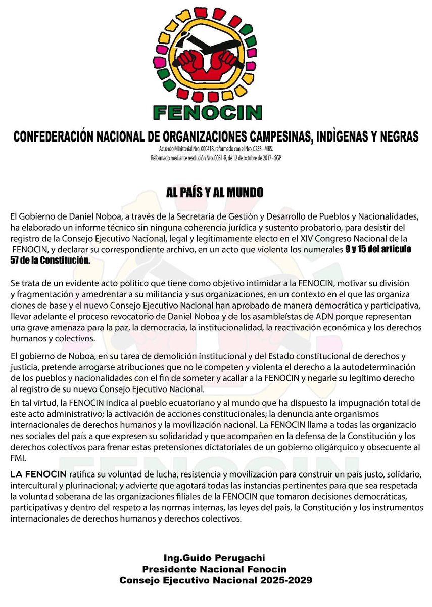 Solidaridad 🇪🇨 #Fenocin por esta persecución y violencia desde el #Gobierno
#Ecuador atraviesa momentos más difíciles, no hay respeto a los derechos....vamos a seguir unidos y alzar la voz
Fuerte abrazo compañeros dirigentes #Fenocin <a href="/CONAIE_Ecuador/">CONAIE</a> <a href="/PKnacional18/">PACHAKUTIK NACIONAL</a> <a href="/UNHumanRights/">UN Human Rights</a>