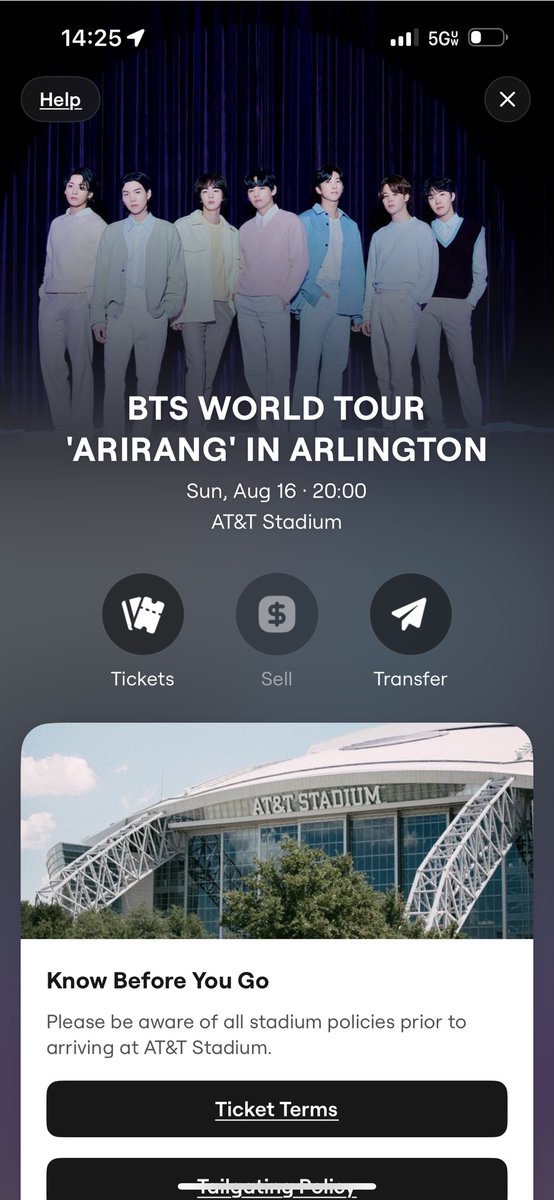 WTS

1 ARIRANG TICKET in Arlington Aug 16th Sec 118 

Price is what I paid (face value) DM me. Ticket will be sent through seatgeek.