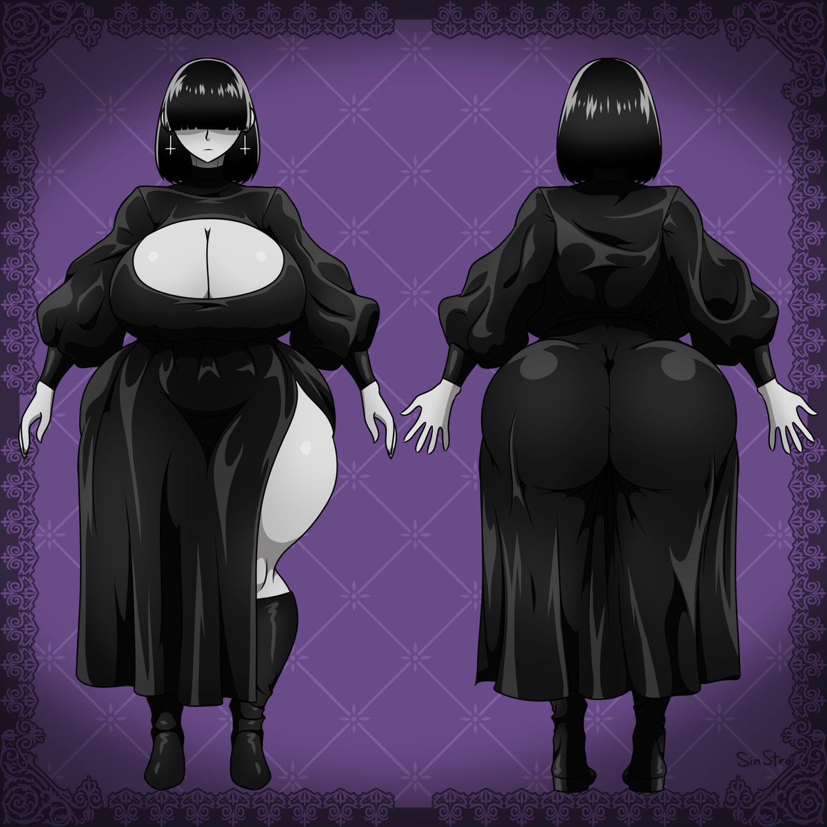 SinStroart's tweet photo. Commission from some months ago for an anonymous user of a ref sheet of their thicc goth girl who uses magic to hunt monsters https://t.co/qmjUui96Mk