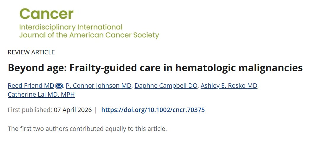 JournalCancer's tweet image. New review led by Reed Friend MD of @AtriumHealthWFB &amp;amp; P. Connor Johnson MD of @MassGenBrigham provides an overview of frailty-guided care in #MultipleMyeloma, #AML, and aggressive lymphomas.

acsjournals.onlinelibrary.wiley.com/doi/10.1002/cn…

@OncoAlert @AjayNookaMD #Lymphoma #HemOnc #LeuSM #GeriOnc
