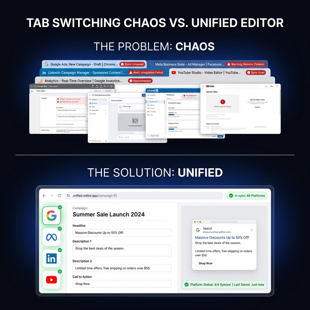 ppcadeditor's tweet photo. Tab 1: Google Ads. Tab 2: Meta. Tab 3: LinkedIn.

Each with different editors, fields, and limits.

That's not "strategy." That's context-switching hell.

One workspace. Every platform. Change a headline, see it across all formats.

Which platform switch costs you most time? https://t.co/sjPKrqjD21