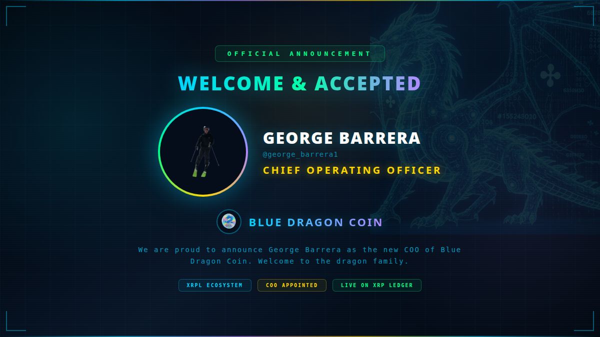 KingXRP33's tweet photo. i @KingXRP33 CEO OF @BlueDragonCoin_
We are proud to welcome @george_barrera1 as the new COO of @BlueDragonCoin_!
George brings incredible vision and leadership to the #BlueDragonCoin = #BDC ecosystem. Welcome to the dragon family! ๐ฅ
๐ Website: https://t.co/GZ3N6NHX3Z
๐ Whitepaper: https://t.co/Qt5TGfvoOa
๐ฅ Burn Tracker: https://t.co/ErxSY3zd47
๐ฒ XRPARMY Game: https://t.co/agRh3mYh6Y
๐ฐ League of Dragons: https://t.co/LOiiK4f7mQ
๐ Dragon Runner 3D: https://t.co/v7gOzFaDkZ
๐ฌ NFT Video: https://t.co/3QeXjST0q6
๐ Trade BDC: https://t.co/9KlknW2TBy
#BlueDragonCoin #BDC #XRP #XRPL #XRPArmy #XRPARMY #Crypto #Web3 #Web3Gaming #NFT #GameFi #COO #CryptoNews #XRPCommunity #DeFi #Blockchain #PlayToEarn #CryptoGaming