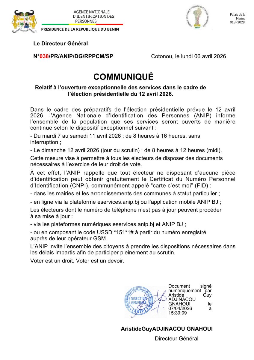 BeninANIP's tweet photo. 📢 Ouverture exceptionnelle des services ANIP  
Du 7 au 11 avril : 8h–16h  
Le 12 avril (jour du vote) : 8h–12h  

Objectif : permettre à chaque électeur d’obtenir ses pièces d’identification avant le scrutin du 12 avril 2026.  

#ANIP #MonRavipMonVote #votrevotecompte https://t.co/lWYfIJqHXV