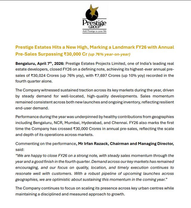 Prestige Estates Projects Limited Q4FY26 Business Update
#Prestige #Nifty #Q4FY26 #stockmarket 

➤ FY26 Pre-Sales ₹30,024 Cr (+76% YoY)(all-time high)

➤ Q4 FY26 Pre-Sales ₹7,697 Cr (+10% YoY)

➤ Strong demand for premium, well-located projects

➤ Consistent traction across