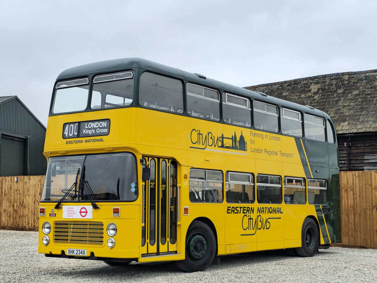 MarcJF241's tweet image. In the striking CityBus livery is preserved Eastern National Bristol VRT / ECW, 3129 - XHK 234X. This bus is owned by Stephensons of Essex and was originally used on London Regional Transport services. Seen on Good Friday at the new @Zero2busmuseum at Great Yeldham, Essex.