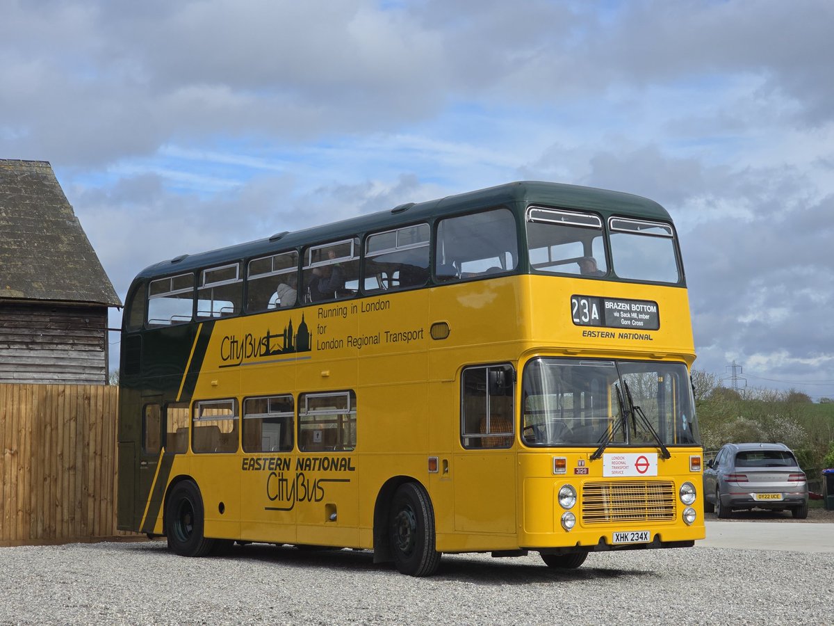 MarcJF241's tweet image. In the striking CityBus livery is preserved Eastern National Bristol VRT / ECW, 3129 - XHK 234X. This bus is owned by Stephensons of Essex and was originally used on London Regional Transport services. Seen on Good Friday at the new @Zero2busmuseum at Great Yeldham, Essex.