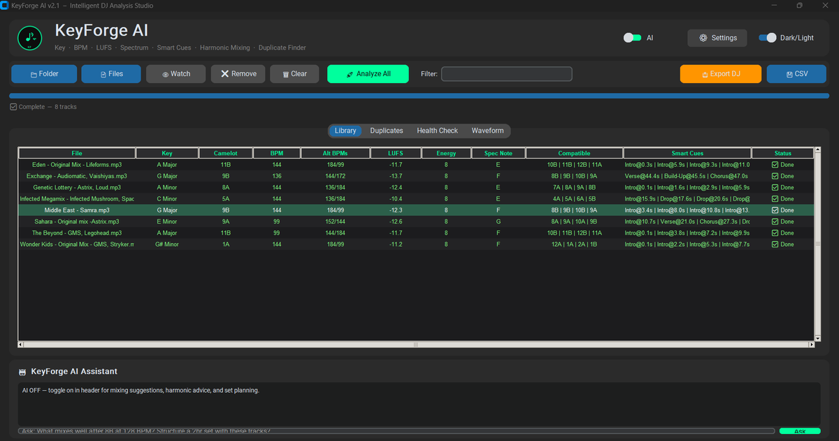 bambambebbam's tweet photo. #KeyForge AI v1.2 done

It is a professional standalone desktop application for DJs and music producers

It analyzes audio files for Key (Camelot Wheel), BPM, LUFS loudness, energy, spectral data, and auto-generated cue points

Designed to be used by professional DJs/Producers/Musicians