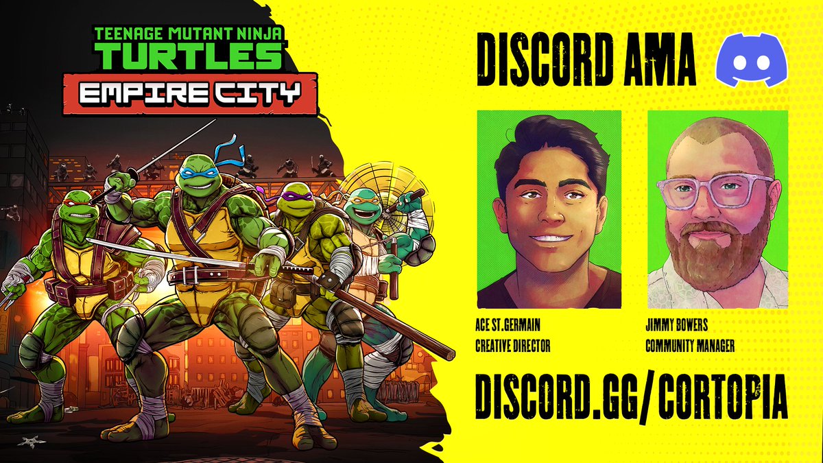 CortopiaStudios's tweet image. Want to learn more about TMNT: Empire City ahead of launch on April 30th? 👀

We're hosting an exclusive Discord AMA! 💬 Ask a question, get entered into a draw to win a copy of the game.

📅 April 8th 
⏰ 7pm BST / 8pm CEST / 11am PT / 2pm ET

#️⃣ #TMNT | #VRGaming