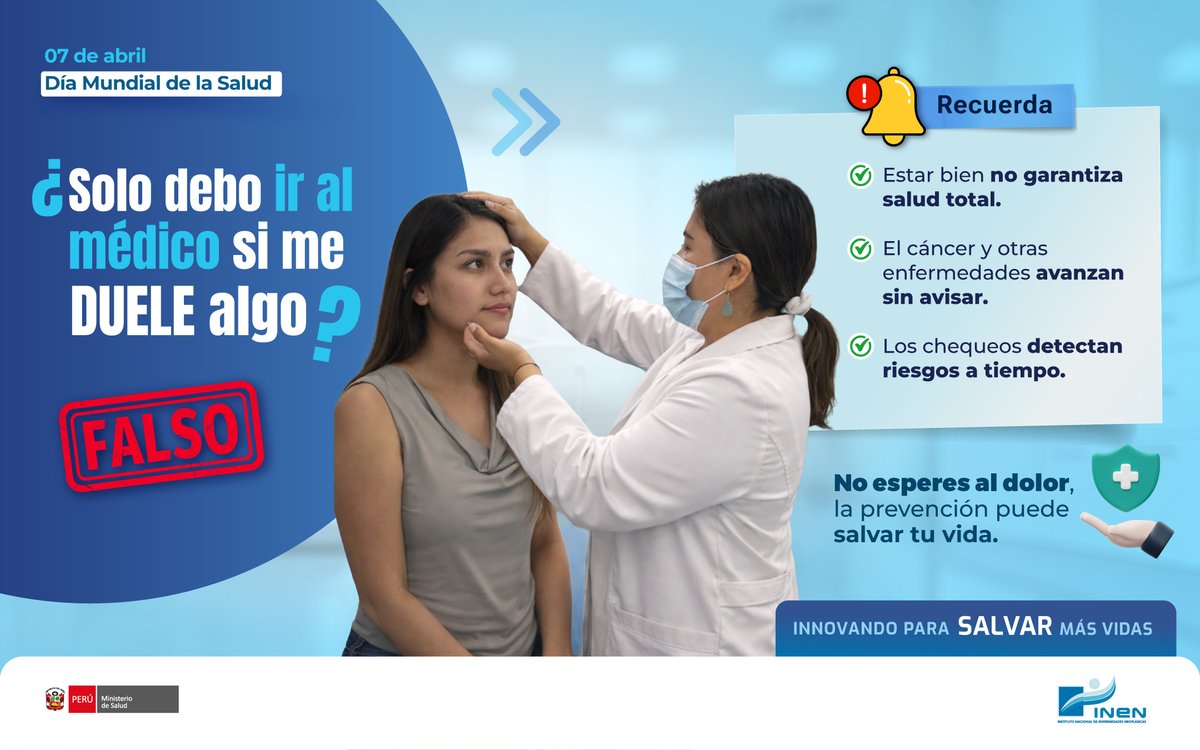 INEN_Peru's tweet photo. #MitoOVerdad | ¿Esperas sentir dolor para cuidar tu salud? 🤔

Hoy, en el Día Mundial de la Salud, te recordamos que muchas enfermedades, como el cáncer, no presentan síntomas en etapas tempranas.

Cuida tu salud a tiempo y consulta con un especialista. ✅ https://t.co/Sk3ladQqaN