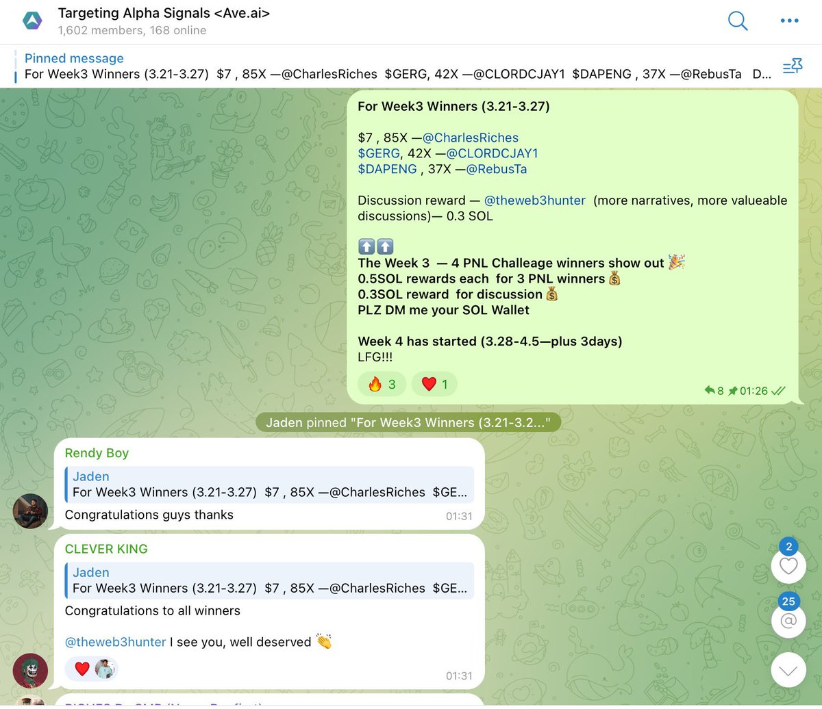AveaiGlobal's tweet image. 🚀Ave PNL Challenge ended successfully!! 
—— Avers from the TG group won 💰7 SOL rewards in 1 month!   

Join the TG group and wait for next challenge
⬇️⬇️
TG👉t.me/+sRUeT37k330zN…

#Ave #PNLChallenge #memecoins