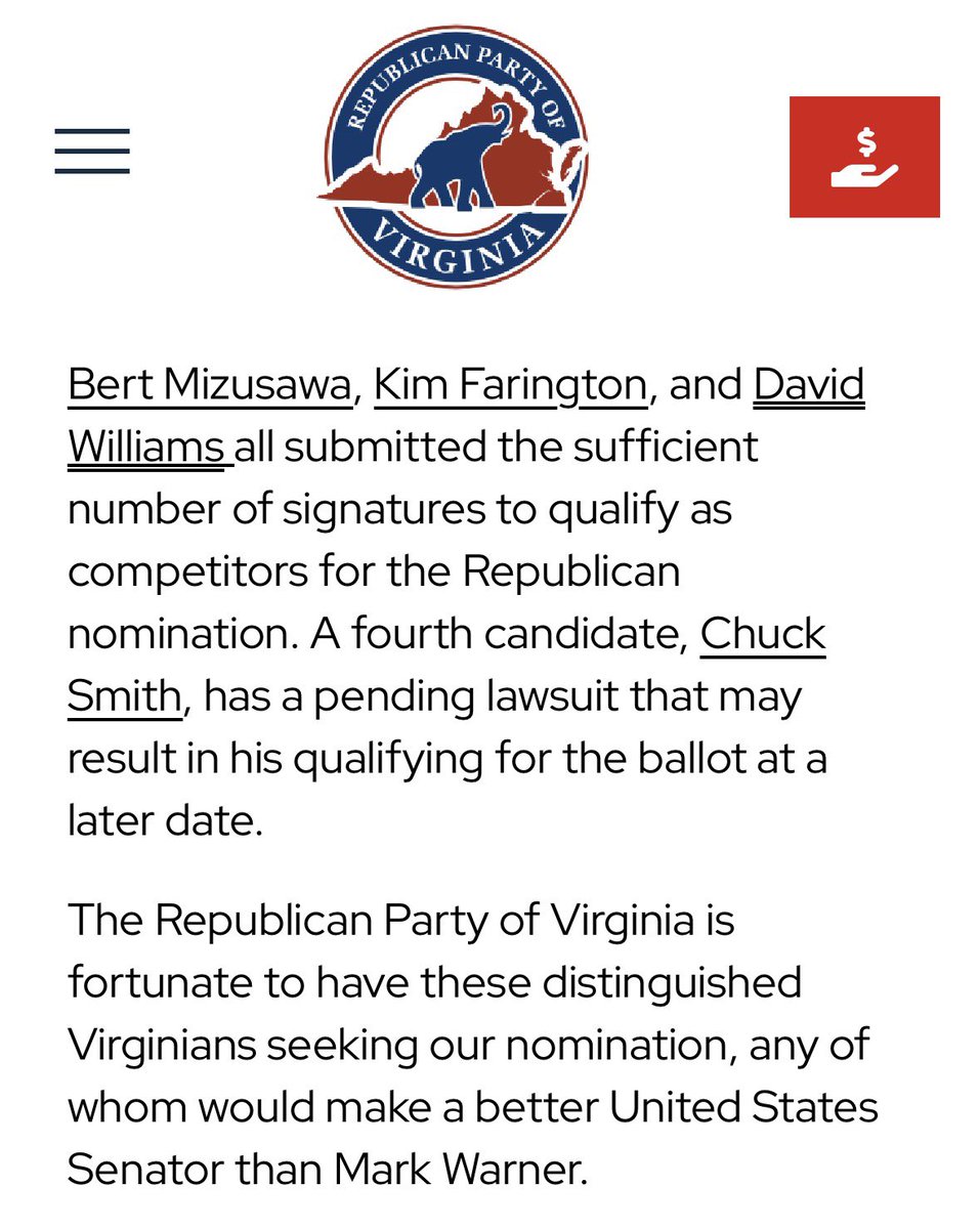 BradKutner's tweet photo. And all those #vasen GOP candidates who submitted signatures last week - except Chuck Smith? - have made the primary ballot. @vaELECT will announce ballot order at their meeting tomorrow. #valeg https://t.co/nrquF2Qtxh