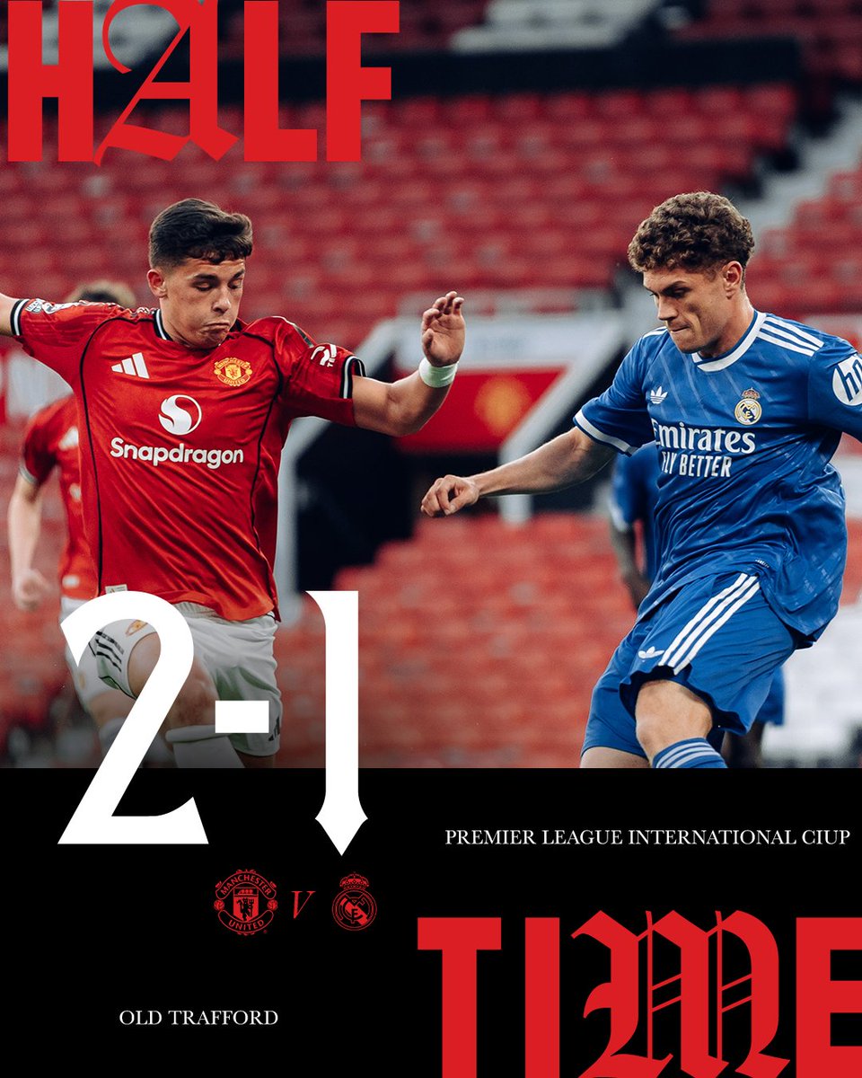 ManUtd's tweet photo. Jack Moorhouse's screamer and a Shea Lacey penalty gives us the lead at the break 🙌

All to play for in the second half — watch it live on #MUTV 📲