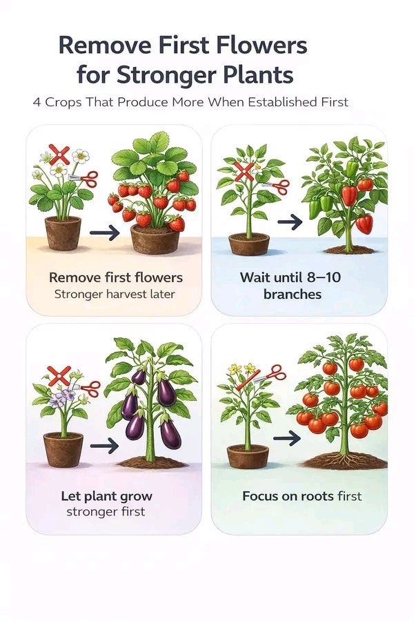 dufitalexis1's tweet image. Why? How?

Removing First Flowers for Stronger Plants✅

Removing early flowers helps plants build stronger roots, more branches, and better yields later.

1️⃣ Strawberries
Remove the first flowers
This allows the plant to develop stronger roots and produce more fruit later.

2️⃣