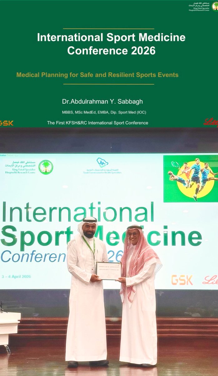 aysabbagh's tweet photo. الاستعداد والجاهزية الطبية أساس لنجاح وسلامة الفعاليات الرياضية الكبرى.

سعدت بالمشاركة في المؤتمر الدولي الأول للطب الرياضي، ترسيخًا لمنظومات طبية أكثر أمانًا ومرونة لمستقبل الفعاليات الرياضية.

#الطب_الرياضي #رؤية_2030 #السعودية https://t.co/SyfnhCEKVG