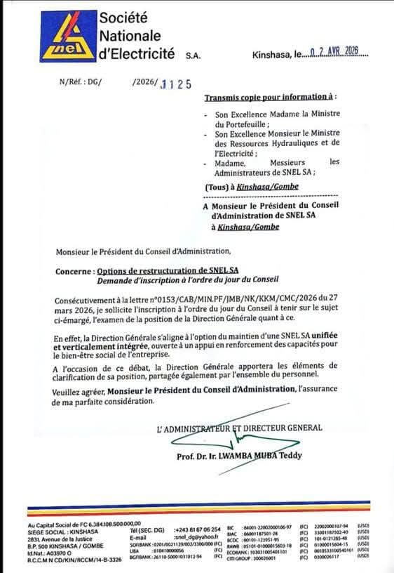 YvesBuya1's tweet photo. #RDC Via cette missive, Le DG de la SNEL S.A, le Prof. Dr. Ir. Teddy LWAMBA MUBA dit oeuvrer suivant les objectifs lui assignés par l'autorité suprême du pays(S.E Félix-Antoine TSHISEKEDI) au profit des congolais et agents de cette Entreprise. 

La Direction Générale de la SNEL S.A fait valoir sa position bien connue, celle de rencontrer les attentes de ses agents et cadres: « le maintien d’une SNEL S.A unifiée et verticalement intégrée. Toujours accessible pour un appui en renforcement des capacités au profit de l'Entreprise et son bien-être social.