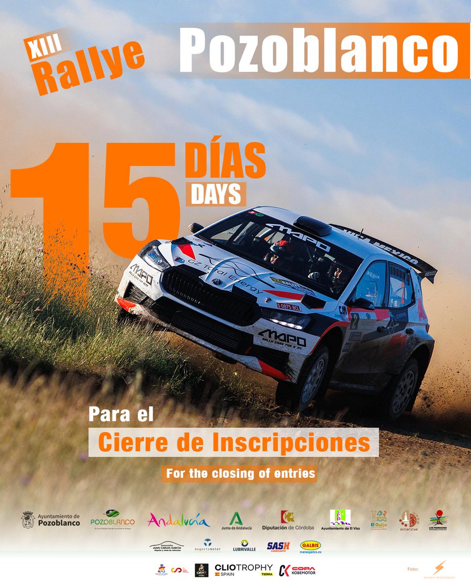 RallyPozoblanco's tweet photo. 🚨 15 días para el cierre de inscripciones del XIII Rallye Ciudad de Pozoblanco (22 abril).

🏁 @CERT_Rallycar
🏁 @ClioSeriesSpain Tierra 
🏁 @KobeMotorsport 
🏁 Regional Andaluz Tierra @FaaOficial

📸 Félix Trigueros

🤜🤛 ¡Nos vemos! https://t.co/LtzRGzUuSQ