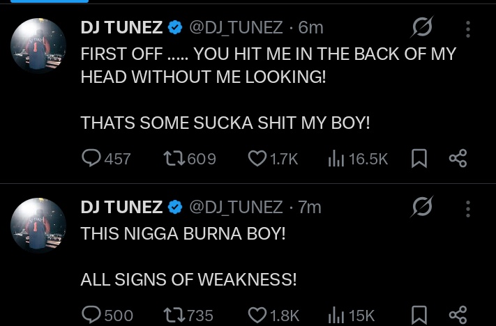 EntRadarX's tweet photo. 🚨Dj tunez tweeting on how burna made an attack first https://t.co/1hD9f8R6q8