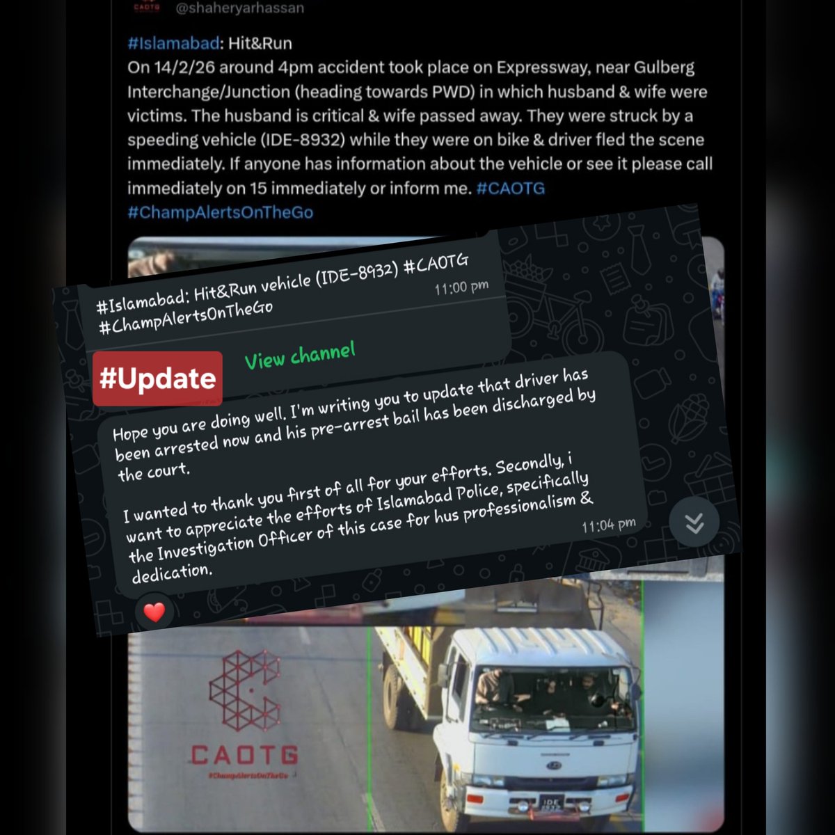 shaheryarhassan's tweet image. #Update: Driver has been arrested now and his pre-arrest bail has been discharged by the court. #ChampAlertsOnTheGo #CAOTG @ICT_Police 🫡