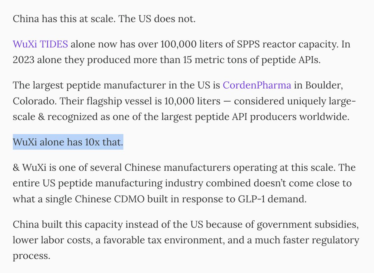 himshouse's tweet photo. $HIMS $LLY $NVO

🚨 DEEP-DIVE ON THE PEPTIDES SUPPLY CHAIN

@mansizzzzle just published probably the best essay I've read on the peptides supply chain (link below)

Here are my top takeaways:

1. CHINA DOMINATION

Just 5 companies in China control roughly 88% of the global supply of protected amino acids 🤯

China also controls "synthesis" -- the process of actually assembling the peptide chains

The largest peptide manufacturer in the U.S. is CordenPharma in Boulder, CO, with 10k liters of synthesis reactor capacity

WuXi TIDES in China has 100k+ liters of capacity -- 10x the largest U.S. player 

"China is the horny finance bro at the Spaniard in NYC on a Thursday eve, he'll hit on everyone." 🤣

2. BIG PHARMA vs. $HIMS 

"Insiders tell me Lilly called TrumpRx directly when Hims planned to release orals mimicking Novo's Wegovy."

BIG if true 👀

3. THE 5% RULE

The "5% rule" limits a pharmacy's out-of-state shipments to no more than 5% of total Rx volume 

It has NEVER been enforced but has been sitting in federal law since 1997

If big pharma gets their way, it could be enforced as a way for big pharma to crack down on compounders

"Pharma doesn't need a single new law. The mechanism already exists. They just need enough states to sign."

@mansizzzzle says watch Indiana, Ohio, & California 

4. GREY MARKET CRACKDOWN

Earlier this week, U.S. Customs intercepted ~5k individual peptide shipments from China

Amino Asylum got raided last summer

Peptide Sciences ($7.4M in Dec 2025 sales) shut down voluntarily

Many "research-use only" companies are now losing their payment processors

Amazon stopped selling bacteriostatic water, which people use to reconstitute lyophilized peptides (per )

5. GREY MARKET QUALITY PROBLEMS 

Finnrick Analytics tested 5,000+ samples from 173 vendors and found 8% had measurable endotoxins

Two women were hospitalized on ventilators after peptide injections at a Vegas longevity conference

"Rep. Harshbarger wrote to RFK in Nov 2025 making exactly this point — that restricting physician-guided compounding risks driving patients into unsafe markets. Which is obviously what happened."

"Prediction: The visible grey market largely disappears over the next 18 months. The large ad-spend RUO sites either get raided, lose payment processing, or follow Peptide Sciences & shut down voluntarily."

(link below)