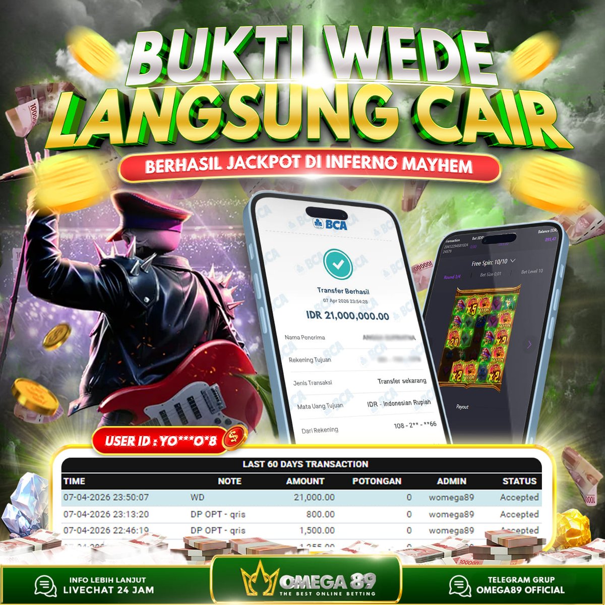 omega89top's tweet photo. OMEGA89 JACKPOT BERMAIN DI INFERNO MAYHEM Rp.21.000.000,- LUNAS!!💸💸

✅ Withdraw Cepat
✅ Bukti Transfer Nyata
✅ Menang Berapapun Pasti Dibayar

Raih JP nya sekarang juga bersama OMEGA89!

🌐 https://t.co/S0xn5xb4yq

#Omega89 #Omega89login #Omega89top #Jackpot #Pgsoft https://t.co/4uTwz3Nmcq