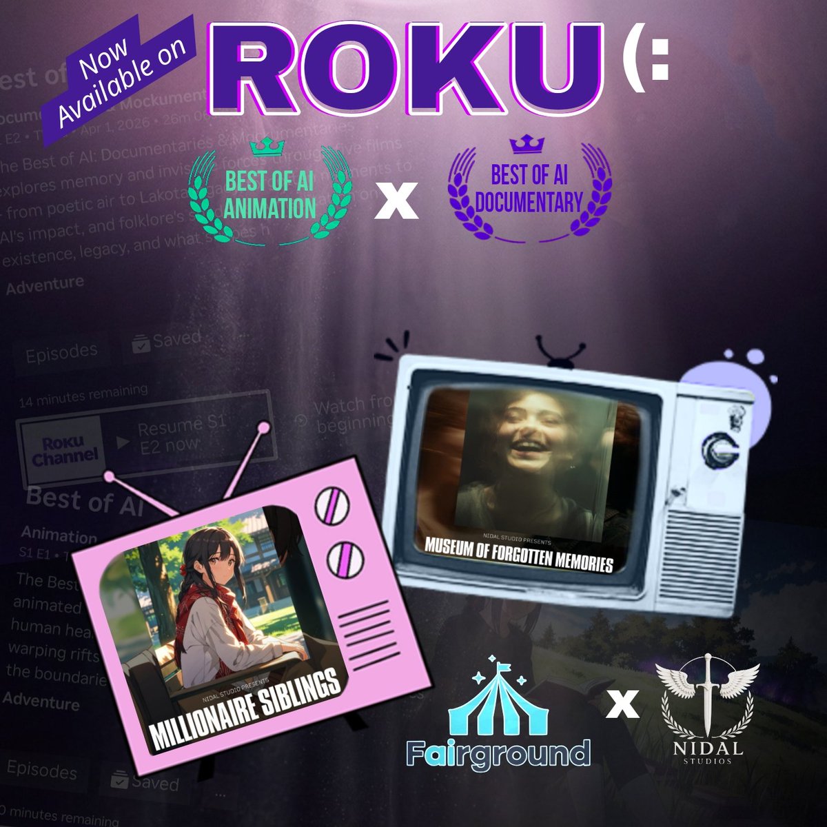 nidal_studio's tweet photo. We're overjoyed to share that TWO of our works are now part of The Best of AI series by Fairground 🎬✨

Millionaire Siblings → Animation Category
Museum of Forgotten Moments → Documentary Category

Fairground is our distributor. Both now streaming on Roku 📺

#nidalstudio https://t.co/wJCrUCUSWE