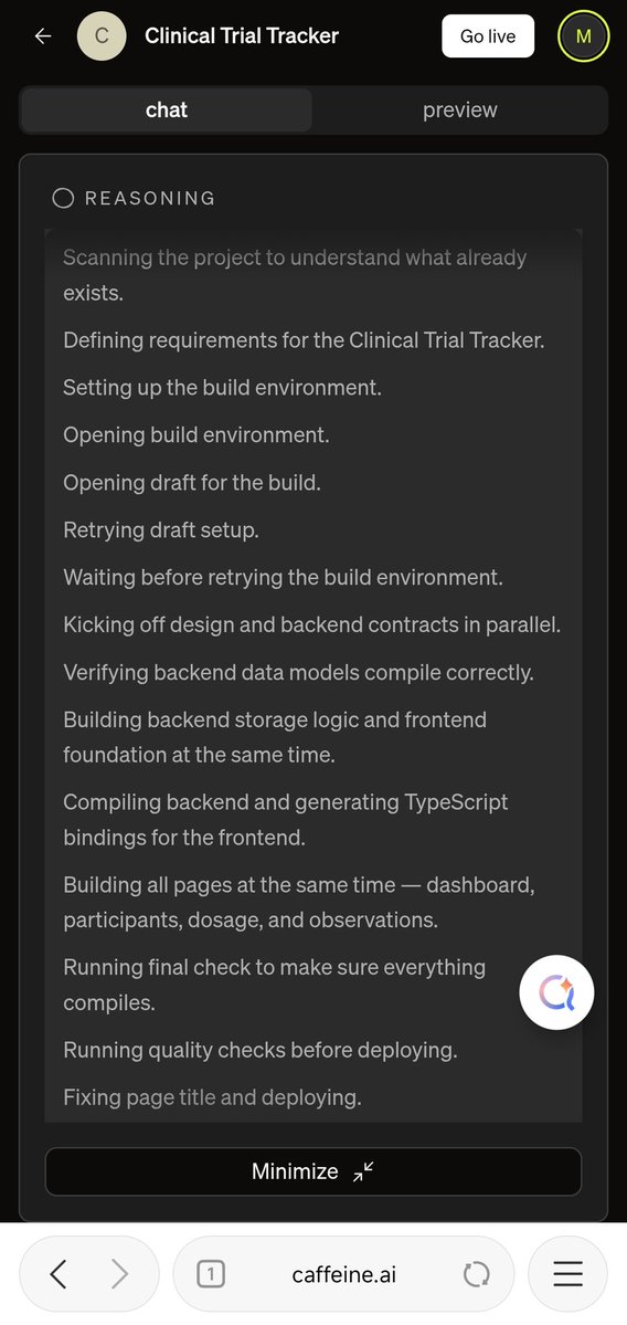 ICPvibecoder's tweet image. Yooooo!! #CaffeineAI v3 is fire🔥🔥🔥

🔹Screen 1: task V2 was unable to execute the task I gave it. 
🔹Screens 2 &amp;amp; 3: v3 at work
✅ Screen 4: Already built app

If you've been hesitating or have app(s) that were previously stuck, head back to caffeine.ai ASAP
$ICP