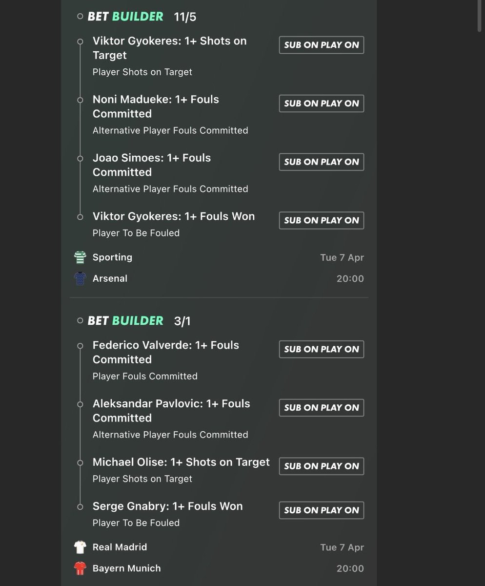 chrisjenkins370's tweet photo. #ChampionsLeague bet builder ⚽️🇪🇺

Lets see if we can hit a winner across both games ! What do you think the results will be in each game ?I’m going👇🏻

#SportingLisbon 0-2 #Arsenal 
#RealMadrid 1-2 #BayernMúnich 

#UCL  #BetBuilder #FootballBetting #BettingTips #FootballTwitter https://t.co/M5i5C4QZZO