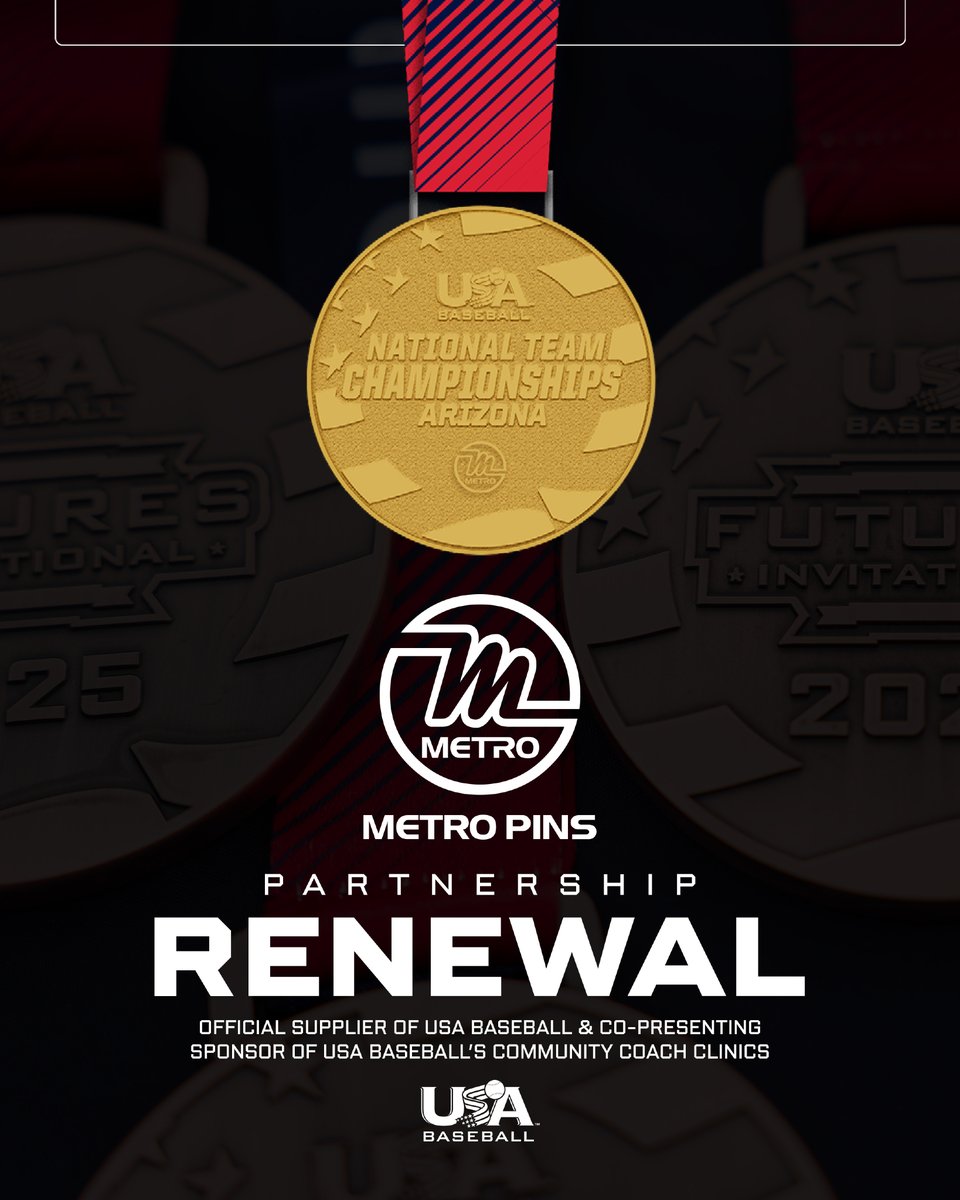 metropins's tweet photo. We've renewed our partnership with @USABaseball  for the next two years!  Metro Pins will continue as an Official Supplier of USA Baseball as well as a co-presenting sponsor of the Community Coach Clinics.
Read the full story: https://t.co/ysiLl5eloz https://t.co/TK85p90UmX