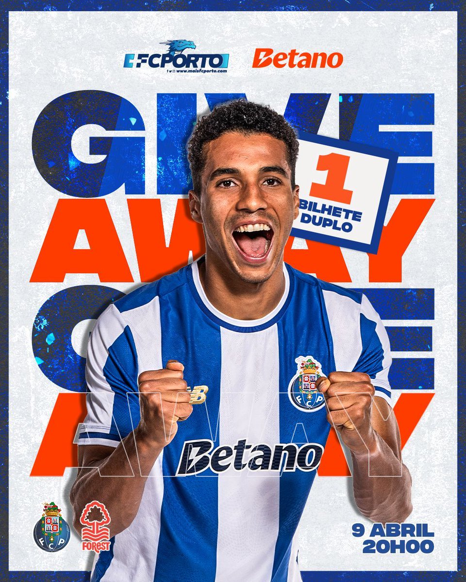🚨 ALERTA G I V E A W A Y 🚨

Mais um jogo no Dragão, mais um giveaway! 🐉 

Por isso, em parceria com a Betano, estamos a oferecer 2 BILHETES DUPLOS 💥
1️⃣ no instagram
1️⃣ no X

FC PORTO🆚Nottingham Forest 

Para participares só tens de:
1️⃣ Seguir o <a href="/maisFCPorto/">+FC Porto</a> e a <a href="/Betano_PT/">Betano Portugal 🔞</a>;